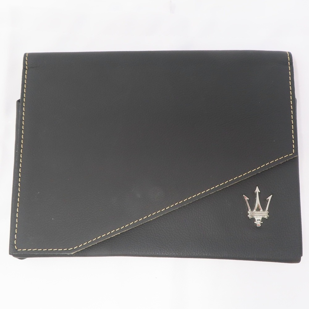 Maserati Black Leather Owners Manual Case Portfolio Document Holder Trident Logo